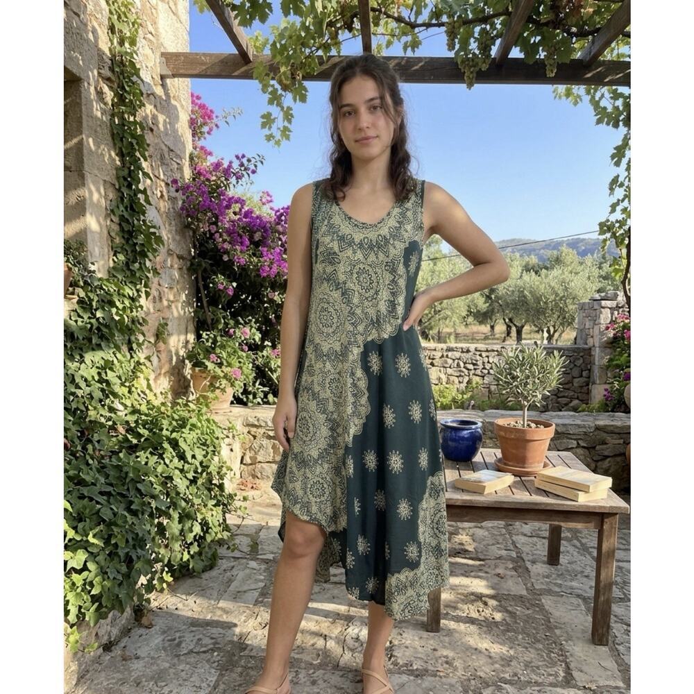 Women’s Dress Boho Mandala Asymmetrical Forest Green Hippie Witchy Approx S/M